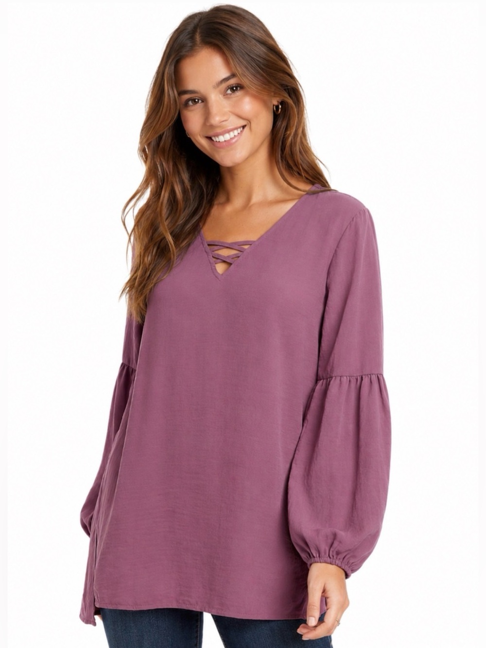 Maurices Mauve Pink Lantern Sleeve Lattice Neck Blouse Size Large